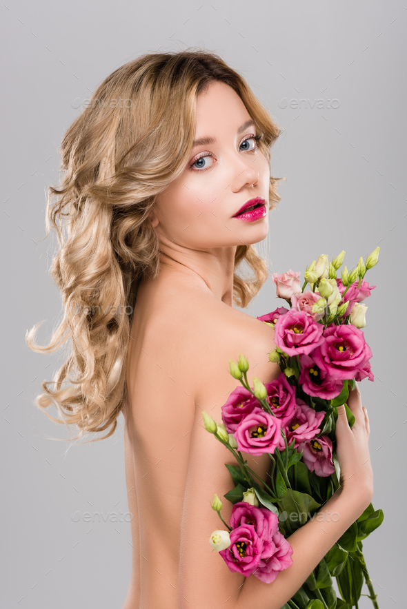 Spring Naked Beautiful Blonde Woman Posing With Eustoma Flowers Bouquet