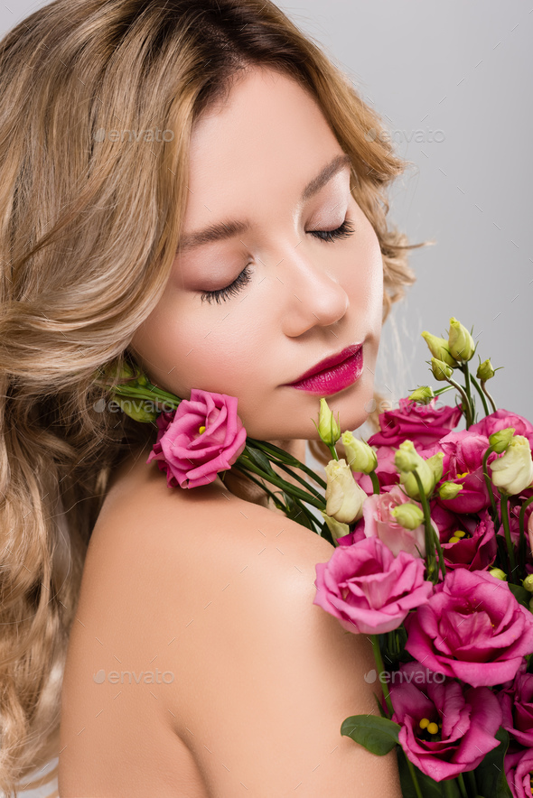 Naked Beautiful Blonde Woman With Closed Eyes Posing With Spring