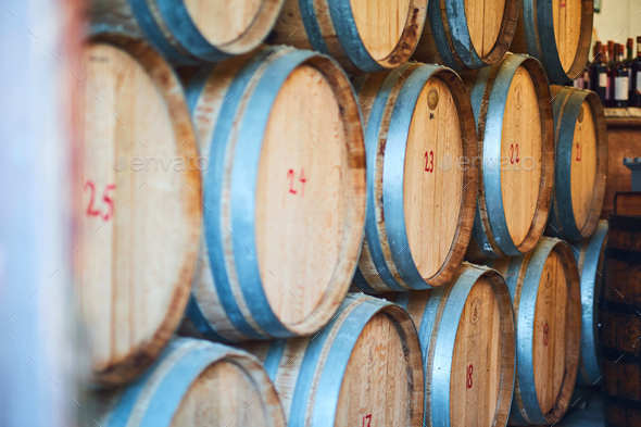 Wine Barrels Stacked In The Old Cellar Of The Winery Stock Photo By Yavdat