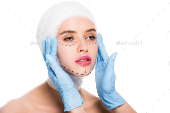 Cropped View Of Plastic Surgeon In Latex Gloves Touching Woman With