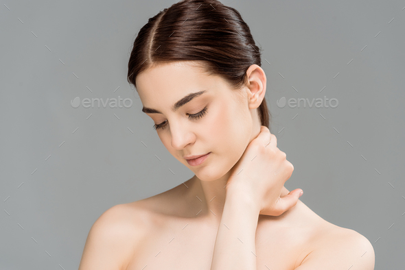 Sad Naked Woman Touching Neck Isolated On Grey Stock Photo By