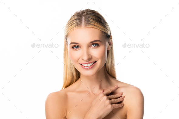 Naked Happy Blonde Woman With White Teeth Isolated On White Stock Photo