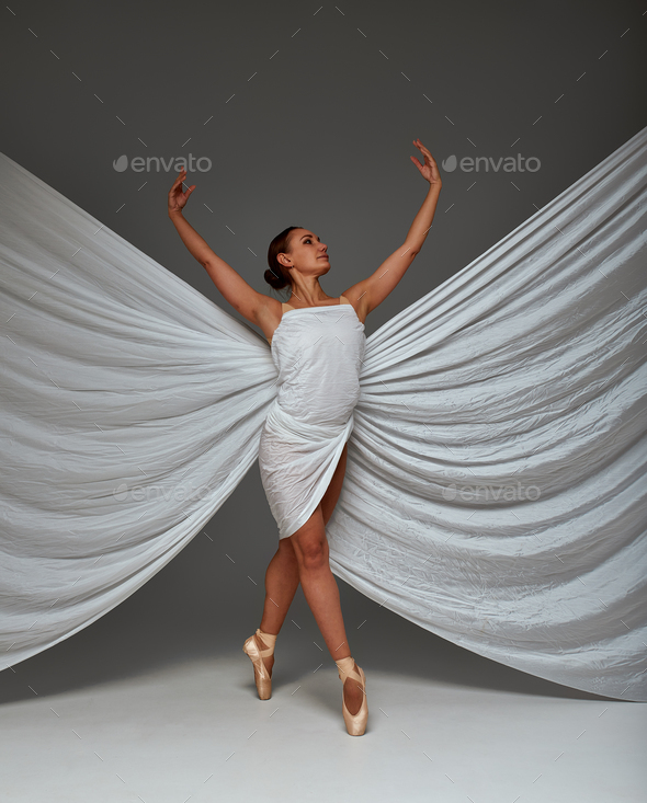 Ballerina Dancing With Silk Fabric Modern Ballet Dancer In Fluttering