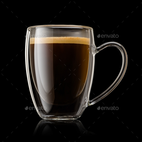 Transparent Double Wall Glass Mug Full Of Espresso Coffee On Black