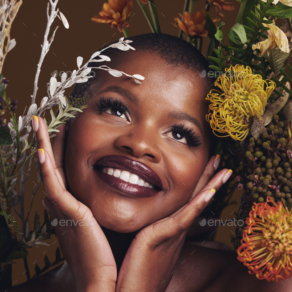 African Woman Plants And Thinking For Aesthetic In Studio With Flowers