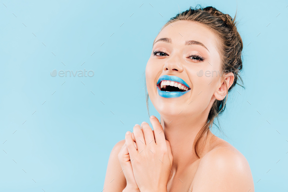 Laughing Naked Beautiful Woman With Blue Lips Isolated On Blue Stock