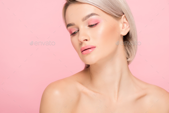 Naked Blonde Girl With Pink Makeup Isolated On Pink Stock Photo By