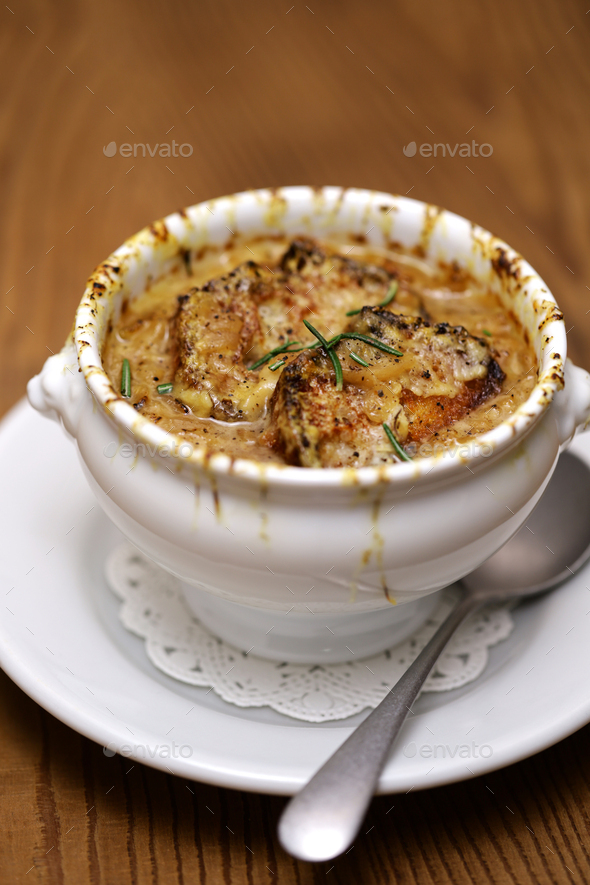 French Onion Soup Soupe à l Oignon Gratinée Stock Photo by motghnit