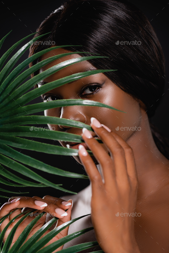 African American Naked Woman Behind Green Palm Leaves Isolated On Black Stock Photo By