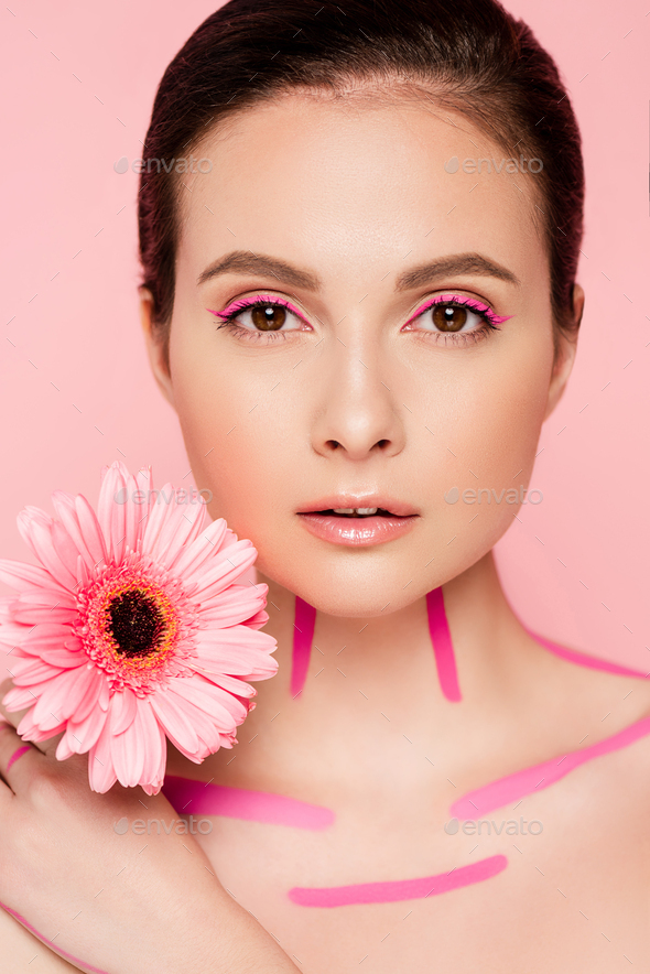 Naked Beautiful Woman With Pink Lines On Body And Chrysanthemum