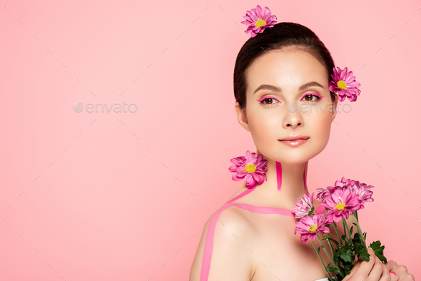 Naked Beautiful Woman With Pink Lines On Body And Flowers In Hair