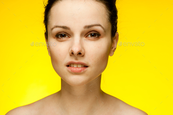 Pretty Woman Naked Shoulders Smile Clear Skin Yellow Background Stock