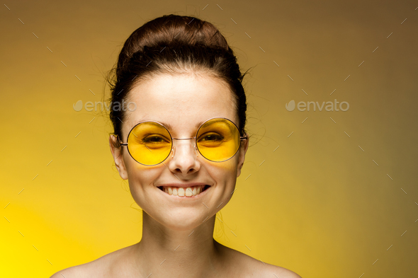 Cheerful Woman Wearing Yellow Glasses Smile Naked Shoulders Cropped