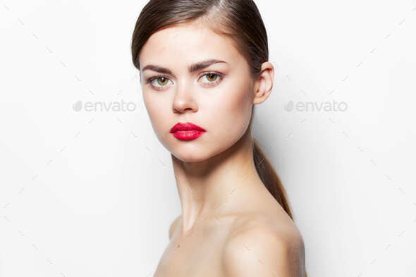 Brunette Red Lips Nude Shoulders Attractive Look Bright Makeup Stock