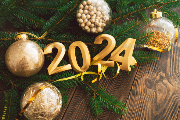 Happy New Years 2024 Christmas Tree And Christmas Decorations Stock