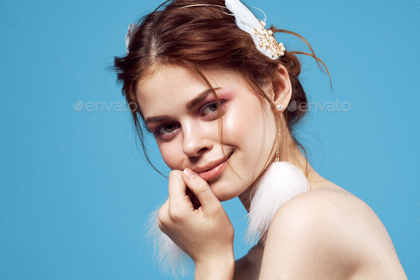 Cheerful Woman Naked Shoulders Smile Clear Skin Blue Background Close