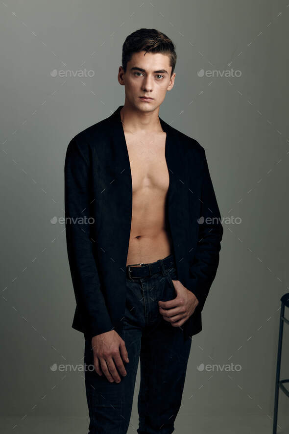 Handsome Man Black Jacket Nude Torso Fashion Lifestyle Isolated Stock