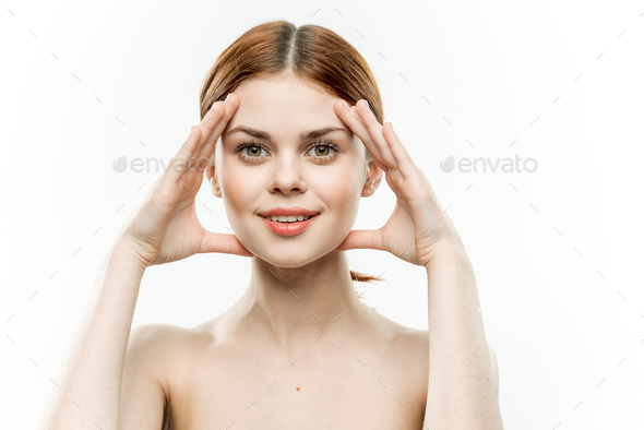 Emotional Woman Holding Hands On Face Naked Shoulders Charm Stock Photo