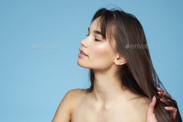 Woman With Naked Shoulders Long Hair Cosmetics Attractive Look Blue