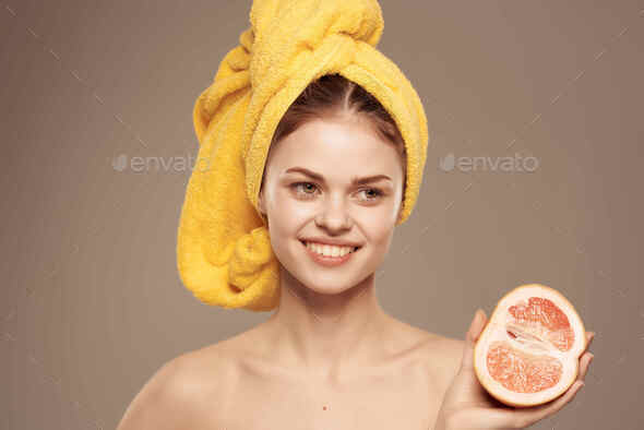 Beautiful Woman With Naked Body With Fruit Vitamins Posing Close Up