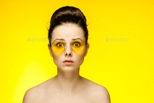 Pretty Woman Naked Shoulders Yellow Glasses Emotions Cropped View Stock