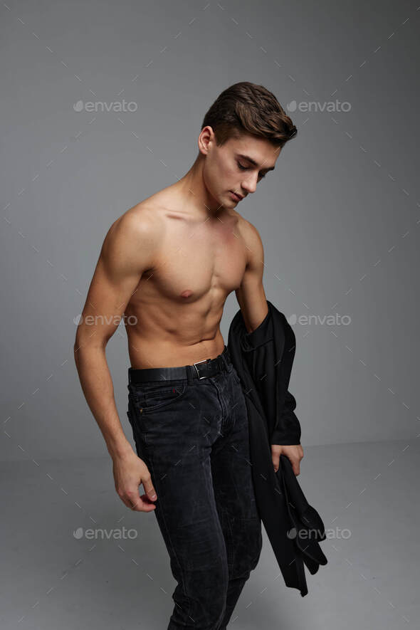 Handsome Man Nude Torso Black Pants Fashion Posing Portrait Attractive