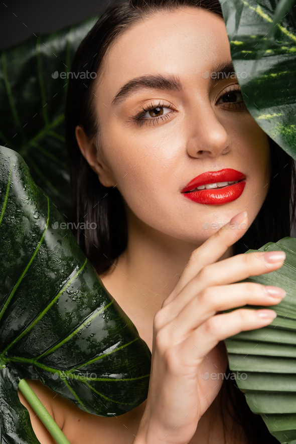 Portrait Of Charming Woman With Brunette Hair And Red Lips Posing