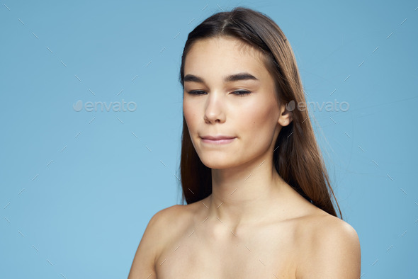 Woman With Naked Shoulders Long Hair Cosmetics Attractive Look Blue