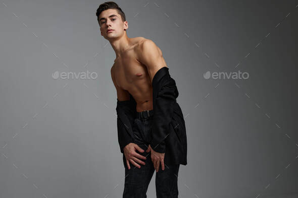 Cute Man Black Jacket Nude Torso Posing Fashion Self Confidence Model