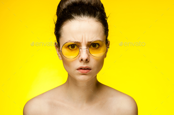 Pretty Woman Naked Shoulders Yellow Glasses Emotions Cropped View Stock