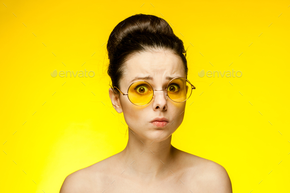 Pretty Woman Naked Shoulders Yellow Glasses Emotions Cropped View Stock