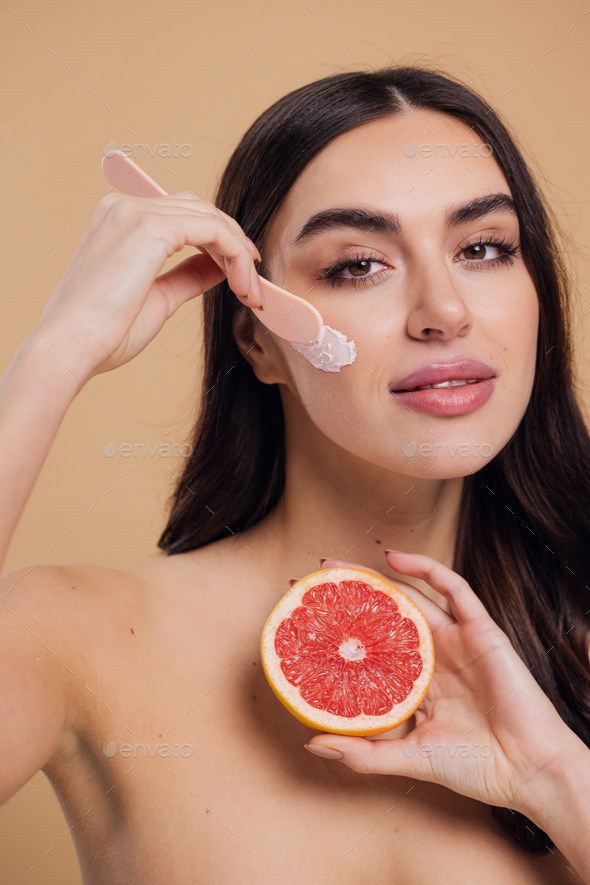 Half Naked Woman Face And Brush Cream For Beauty Stock Photo By