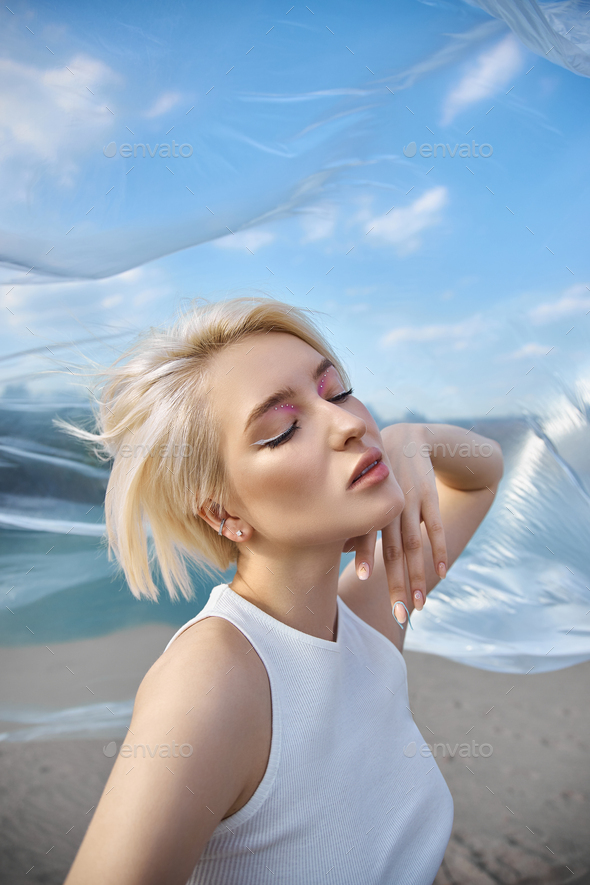 Perfect Blonde Woman Short Hair Fashion Woman Poses In Summer In