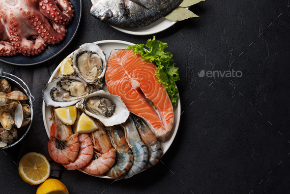 Seafood Platter Delight Shrimps Salmon Oysters Galore Stock Photo By