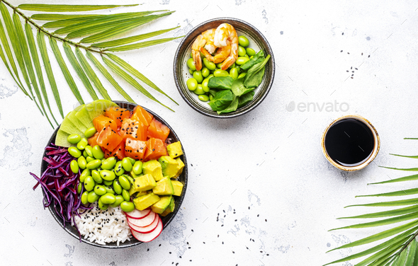 Poke Bowl For Balanced Nutrition With Salmon Avocado Radish Cabbage