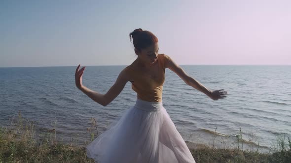 Tracking Shot Side View Of Slim Talented Caucasian Woman In Tutu