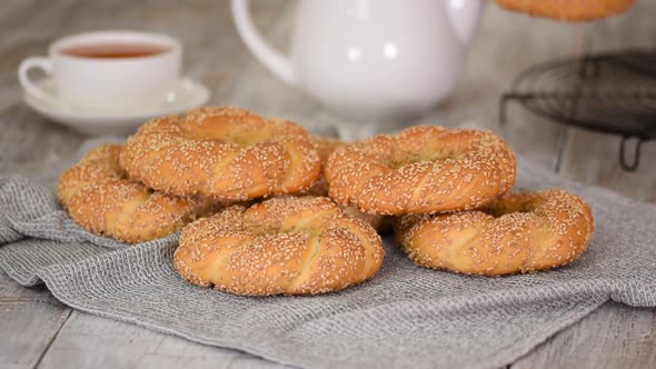Turkish Bagel Simit with Sesame Traditional Pastry of Turkey