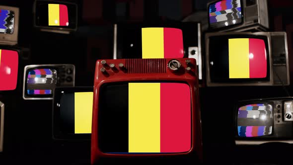 Flag of Belgium on Retro TVs. 4K.
