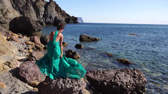 Side View a Young Beautiful Sensual Woman with Black Hair in a Long Mint Dress Posing on a Beach alt