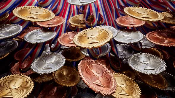 Plenty of gold, silver and brown medals for winners. Set of prizes. Trophies. alt