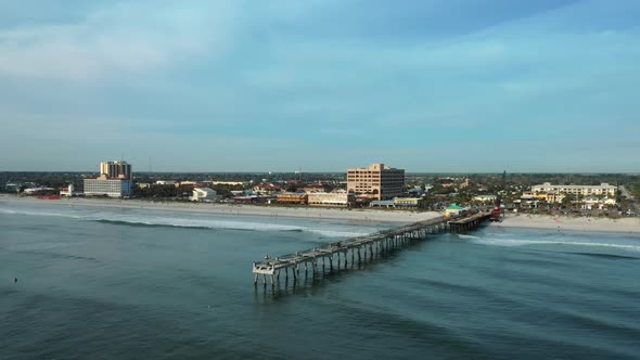 Aerial View Of Jacksonville Beach Pier And Shoreline In Florida, USA. Fishing Pier Temporarily Close alt