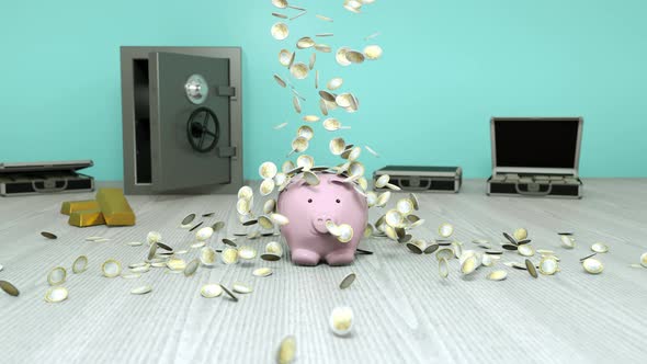 Beautiful animation with coins piggy bank grunt. Pig in center of frame.