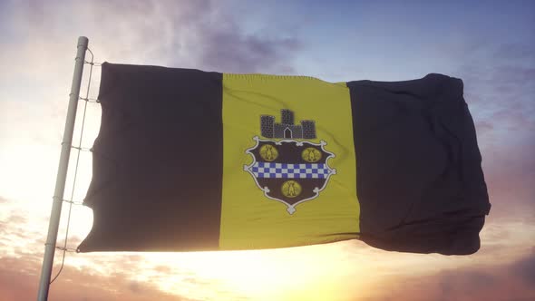 Pittsburgh City Flag Pennsylvania Waving in the Wind Sky and Sun Background alt