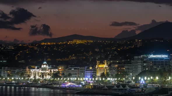 Waterfront of Nice City and Mediterranean Sea Day to Night Timelapse alt