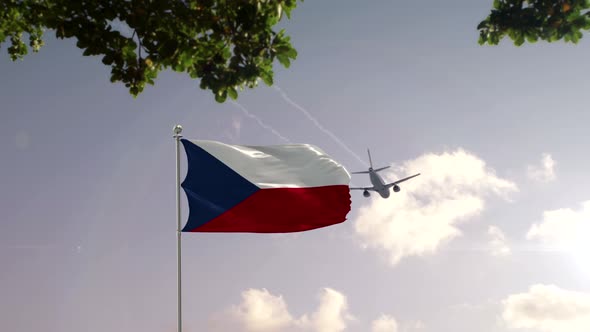 Czech Republic Flag With Airplane And City -3D rendering alt