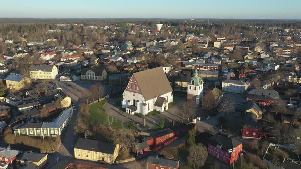 Awesome Aerial Shot of the Evangelical Lutheran Church in Porvoo