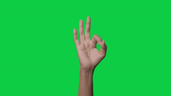Woman hand showing OK sign okay gesture isolated on chroma key green screen background