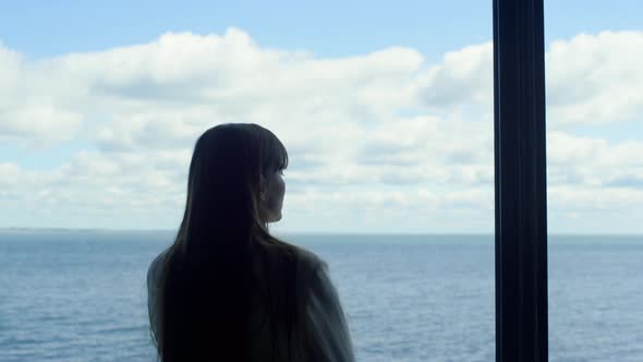 Silhouette Businesswoman Watching Sea View Big Window alt