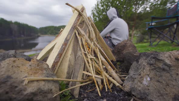 Freshly burning campfire. alt