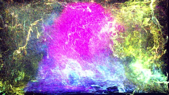 Emitter Ball of Colored Particles Sweeps Around Camera Leaving Swirl of Glow Particles alt